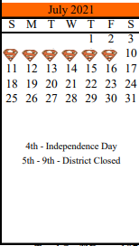 District School Academic Calendar for Schulenburg Elementary for July 2021