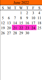 District School Academic Calendar for Schulenburg Secondary for June 2022