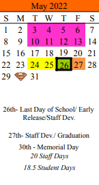 District School Academic Calendar for Schulenburg Secondary for May 2022