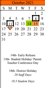District School Academic Calendar for Schulenburg Secondary for October 2021