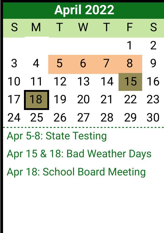 District School Academic Calendar for Scurry-rosser Alter for April 2022
