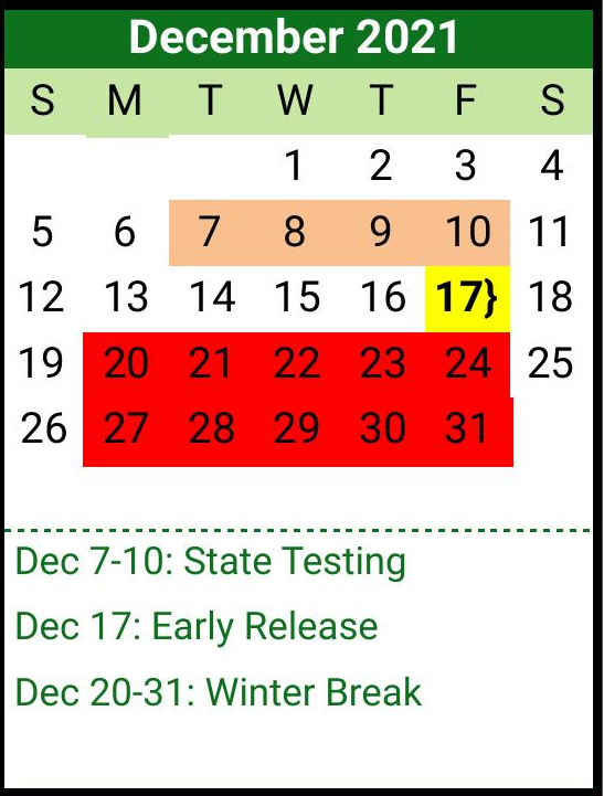 District School Academic Calendar for Scurry-rosser High School for December 2021