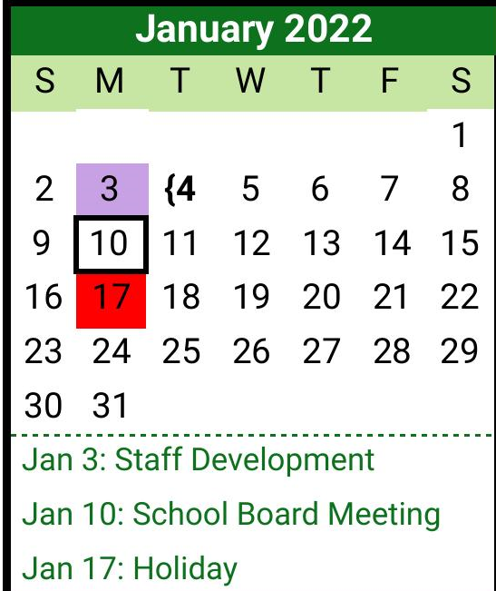 District School Academic Calendar for Scurry-rosser Alter for January 2022