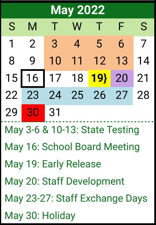 District School Academic Calendar for Scurry-rosser Alter for May 2022