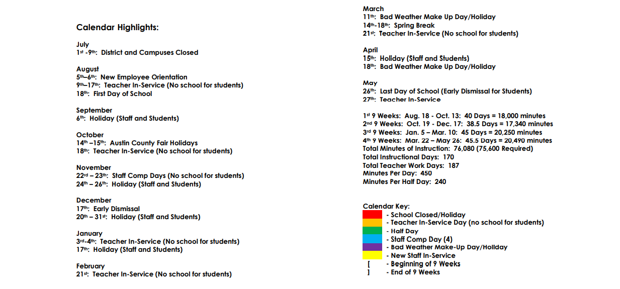 District School Academic Calendar Key for Sealy J H