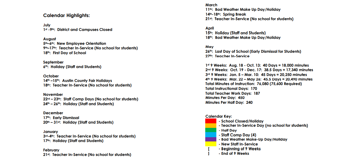 District School Academic Calendar Key for Sealy High School