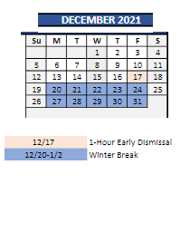 District School Academic Calendar for The Center School for December 2021
