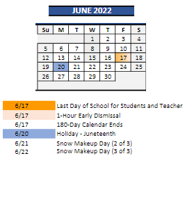 District School Academic Calendar for Stevens Elementary School for June 2022