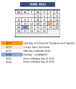 District School Academic Calendar for Childhaven for June 2022