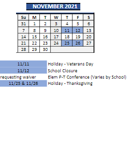 District School Academic Calendar for Hutch School for November 2021