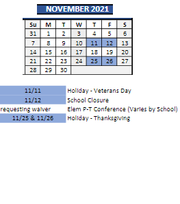 District School Academic Calendar for Childhaven for November 2021