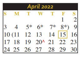 District School Academic Calendar for Seguin High School for April 2022