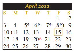 District School Academic Calendar for Lizzie M Burges Alternative School for April 2022