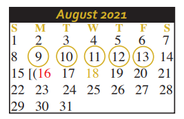 District School Academic Calendar for Juan Seguin Pre-kindergarten for August 2021