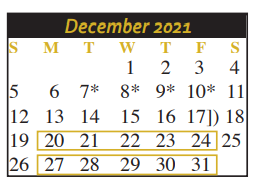 District School Academic Calendar for Weinert Elementary for December 2021