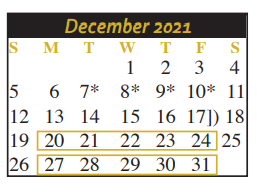 District School Academic Calendar for Joe F Saegert Sixth Grade Center for December 2021