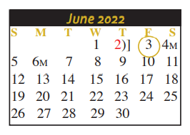District School Academic Calendar for Mcqueeney Elementary for June 2022