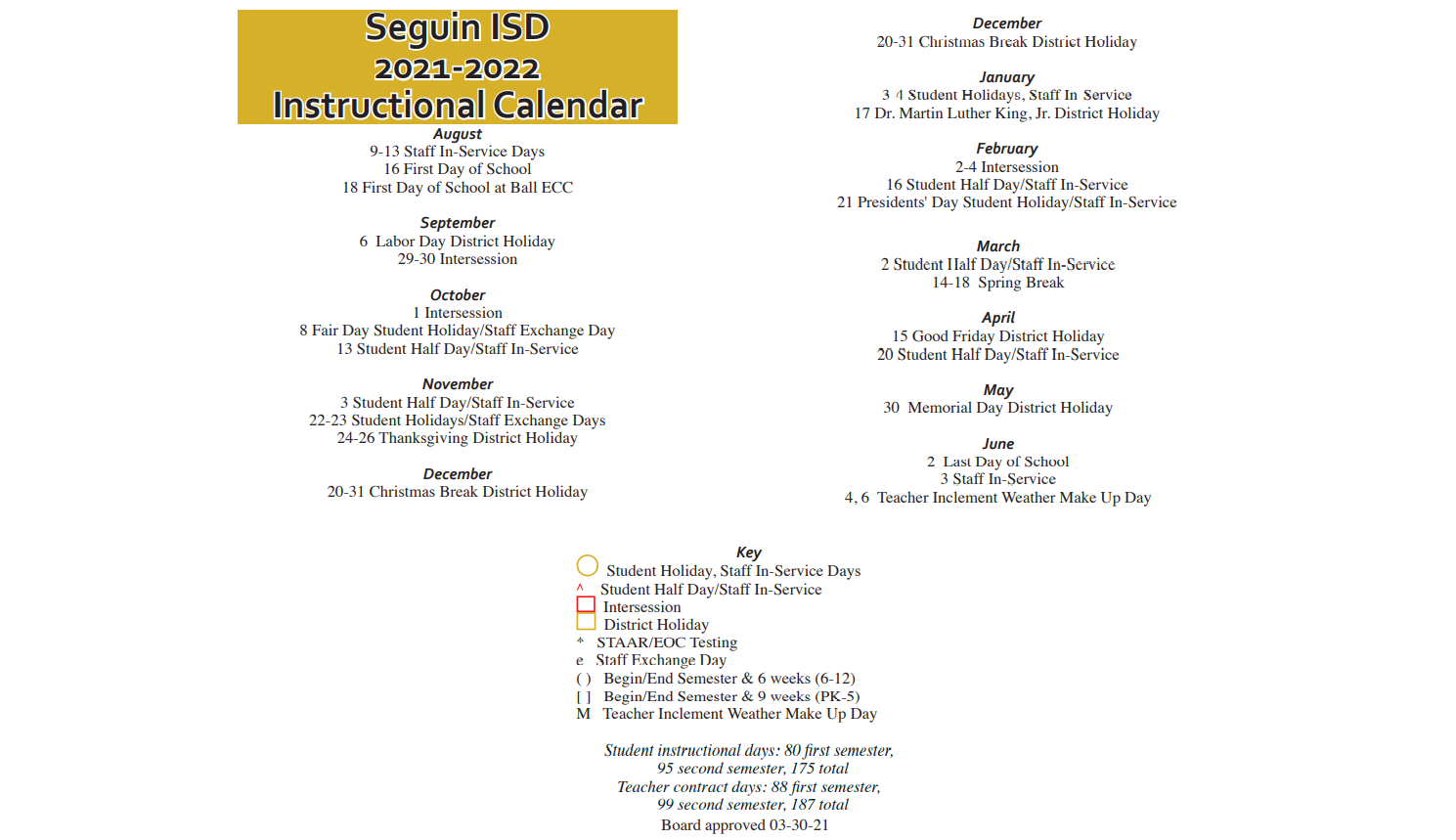 District School Academic Calendar Key for Seguin High School