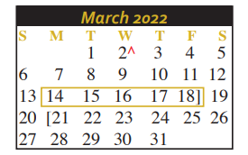 District School Academic Calendar for Joe F Saegert Sixth Grade Center for March 2022