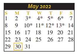 District School Academic Calendar for Juan Seguin Pre-kindergarten for May 2022