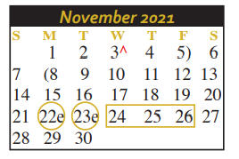 District School Academic Calendar for Juvenile Detention Center for November 2021