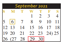 District School Academic Calendar for Mercer & Blumberg Lrn Ctr for September 2021
