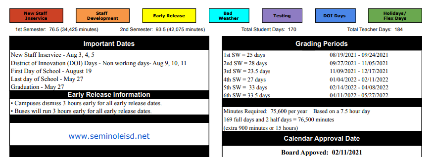 District School Academic Calendar Key for Seminole Elementary