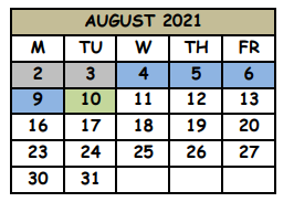 District School Academic Calendar for Contracted Services for August 2021