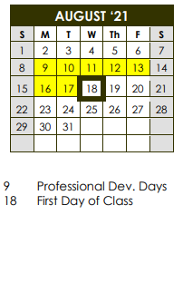 District School Academic Calendar for Daep for August 2021