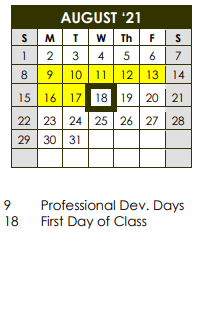 District School Academic Calendar for Lubbock Co Youth Ctr for August 2021