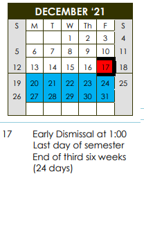 District School Academic Calendar for Daep for December 2021