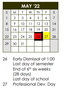 District School Academic Calendar for Shallowater Middle for May 2022