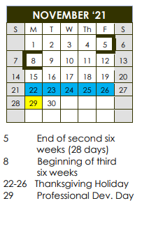 District School Academic Calendar for Lubbock Co Youth Ctr for November 2021