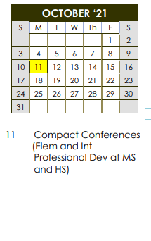District School Academic Calendar for Daep for October 2021