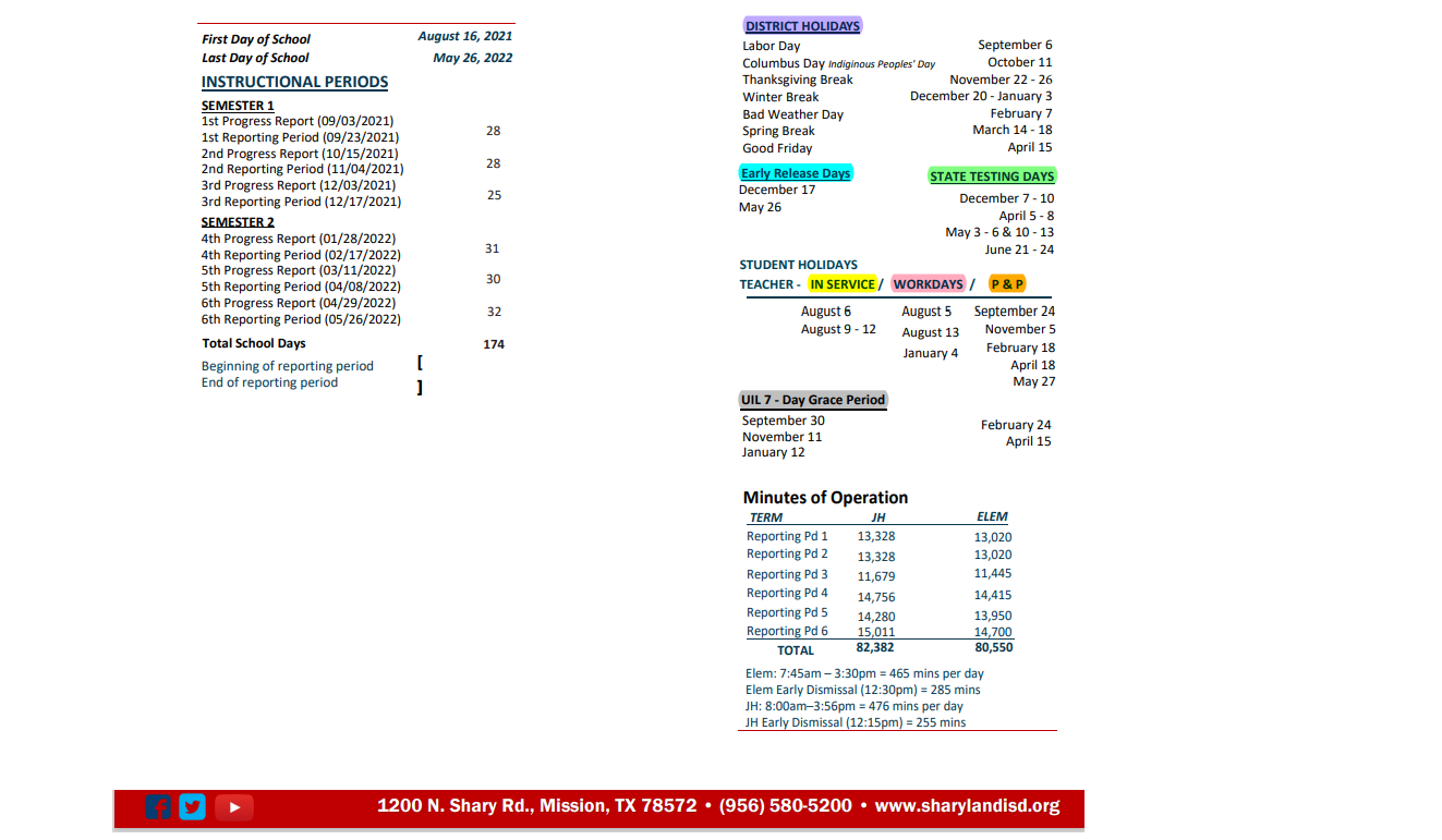 District School Academic Calendar Key for Elementary Aep