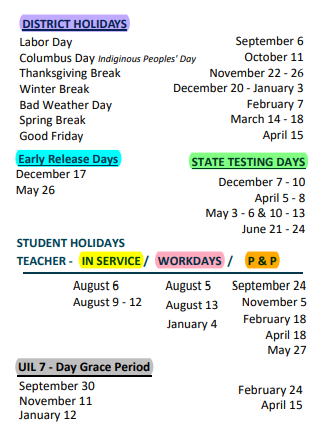 District School Academic Calendar Legend for Elementary Aep