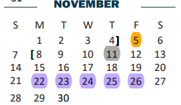 District School Academic Calendar for B L Gray Junior High for November 2021