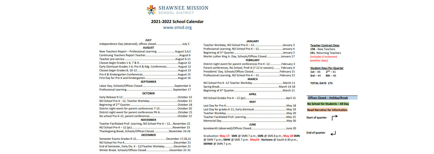 District School Academic Calendar Key for Shawnee Mission South High