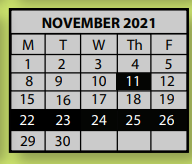 District School Academic Calendar for Tara Oaks Elementary School for November 2021