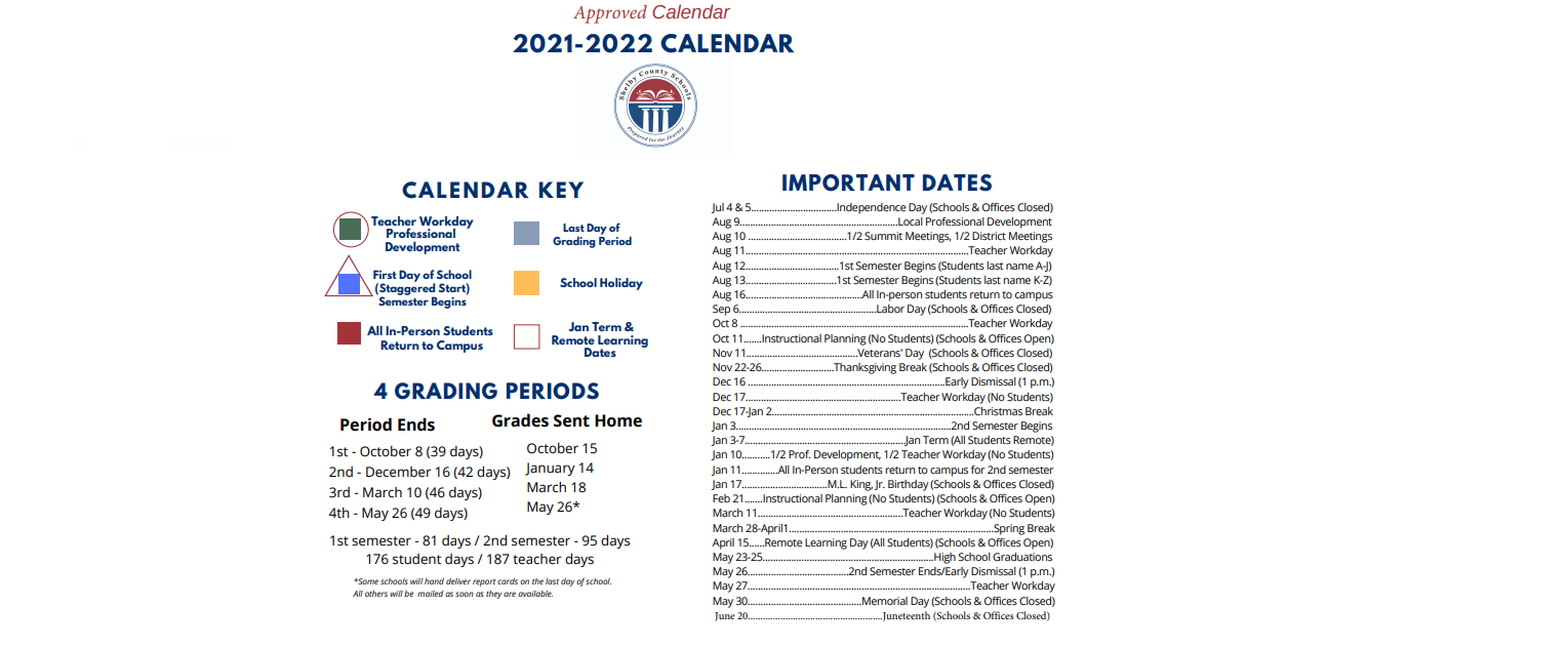 District School Academic Calendar Key for Shelby County Preschool Center