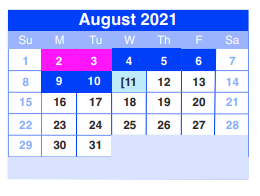 District School Academic Calendar for Sheldon Jjaep for August 2021