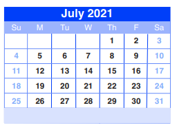 District School Academic Calendar for Sheldon Jjaep for July 2021