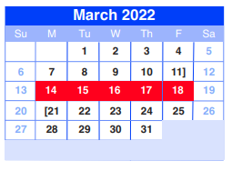 District School Academic Calendar for Sheldon Jjaep for March 2022