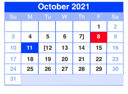 District School Academic Calendar for C E King Middle for October 2021