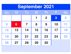 District School Academic Calendar for Sheldon Jjaep for September 2021