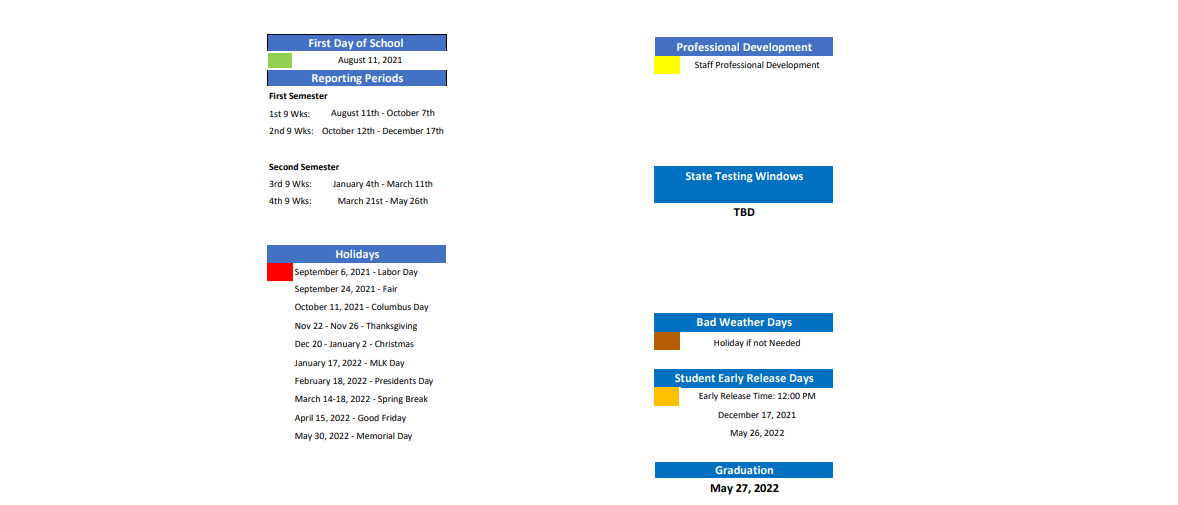 District School Academic Calendar Key for Shepherd Intermediate