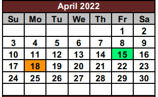 District School Academic Calendar for Tri Co Juvenile Detent for April 2022