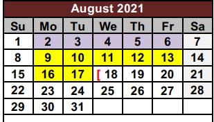 District School Academic Calendar for Cooke/fannin/grayson Co Juvenile P for August 2021