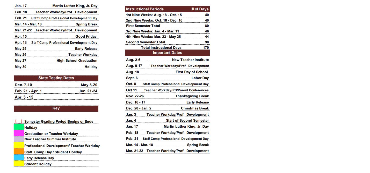 District School Academic Calendar Key for Tri Co Juvenile Detent