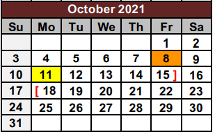 District School Academic Calendar for Cooke/fannin/grayson Co Juvenile P for October 2021